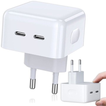 Rychlá 35W nástěnná nabíječka 2x USB-C USB typ C PD pro iPhone Alogy 2portová kostka Bílá