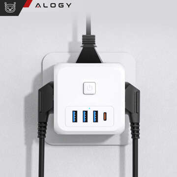 Síťový splitter splitter Adaptér nabíječky zloděj 3 zásuvky EU 3x USB USB-C C 7v1 Alogy Bílá