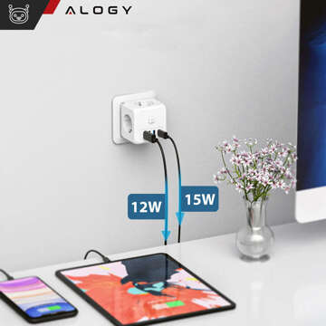 Síťový splitter splitter Adaptér nabíječky zloděj 3 zásuvky EU 3x USB USB-C C 7v1 Alogy Bílá