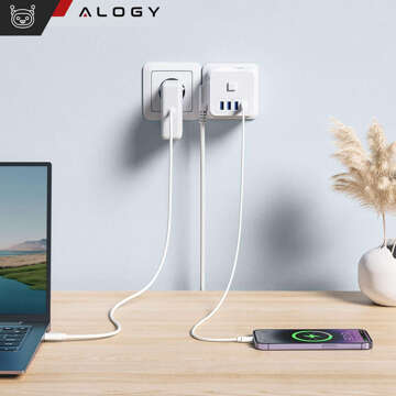 Síťový splitter splitter Adaptér nabíječky zloděj 3 zásuvky EU 3x USB USB-C C 7v1 Alogy Bílá