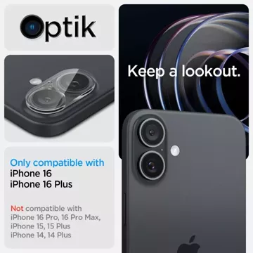 Tvrzené sklo Chránič fotoaparátu Spigen Optik.Tr "EZ FIT" Chránič fotoaparátu 2-PACK pro Apple iPhone iPhone 16/16 Plus Crystal Clear