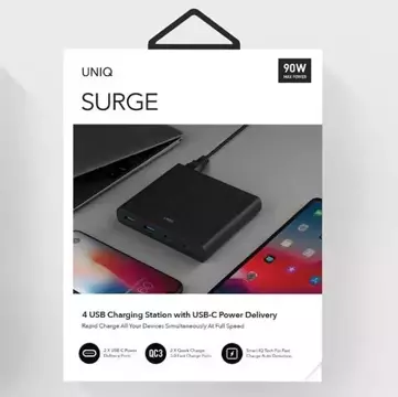 UNIQ Ład. siec. HUB Surge 90W černý /uhlově černý 2xUSB Quick Charge 3.0 2xUSB-C PD 3.0 (LITHOS Collective)