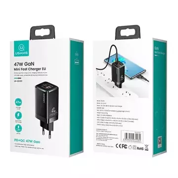 USAMS Ład. siec. T41 USB-C USB GaN 47W PD QC (pouze hlava) Rychlé nabíjení czarny/black CC137TC01 (US-CC137)