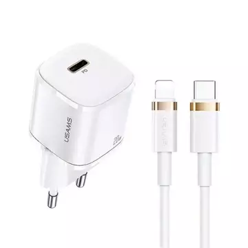 USAMS Nástěnná nabíječka 1x USB-C T36 mini 20W USB-C-Lightning kabel bílý/bílý PD3.0 Fast Charging XFKXLOGTL02 (US-CC124 US-SJ484)