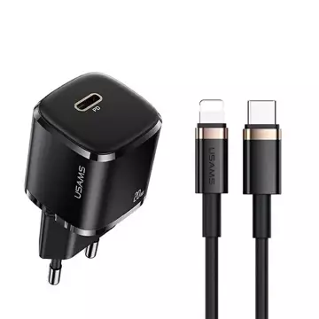 USAMS Nástěnná nabíječka 1x USB-C T36 mini 20W USB-C-Lightning kabel černo/černý PD3.0 Fast Charging XFKXLOGTL01 (US-CC124 US-SJ484)