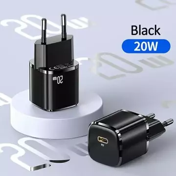 USAMS Nástěnná nabíječka 1x USB-C T36 mini 20W USB-C-Lightning kabel černo/černý PD3.0 Fast Charging XFKXLOGTL01 (US-CC124 US-SJ484)