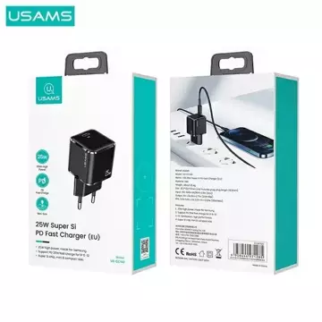 USAMS Nástěnná nabíječka 1x USB-C T42 mini 25W (pouze hlava) Super SI 5V-3A PD3.0 Fast Charging černá/černá CC140TC01 (US-CC140)