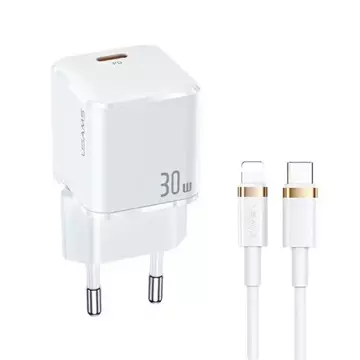 USAMS Nástěnná nabíječka 1x USB-C T45 30W PD3.0 Fast Charging kabel U63 USB-C/Lightning bílá/bílá UXTZH02 (USAMS-UX)