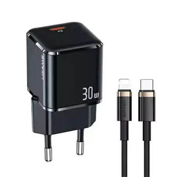 USAMS Nástěnná nabíječka 1x USB-C T45 30W PD3.0 Fast Charging kabel U63 USB-C/Lightning černá/černá UXTZH01 (USAMS-UX)