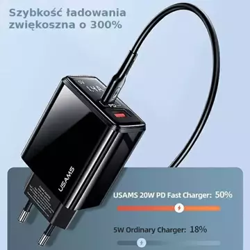 USAMS Nástěnná nabíječka 1xUSB-C 1xUSB T40 20W LED (pouze hlava) PD3.0 QC3.0 Rychlé nabíjení černá/černá CC133TC01 (US-CC133)