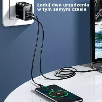 USAMS Nástěnná nabíječka 1xUSB-C 1xUSB T40 20W LED (pouze hlava) PD3.0 QC3.0 Rychlé nabíjení černá/černá CC133TC01 (US-CC133)