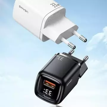 USAMS Nástěnná nabíječka 1xUSB-C 1xUSB T46 33W PD3.0 QC3.0 Fast Charging kabel U63 USB-C/Lightning černá/černá UDTZ01