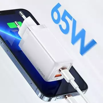 USAMS Nástěnná nabíječka 1xUSB-C 1xUSB T47 65W PD Fast Charging Super Si bílá/bílá CC153TC02 (US-CC153)