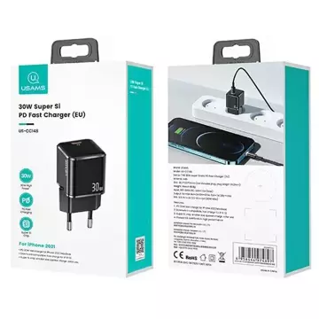 USAMS Nástěnná nabíječka 1xUSB-C T45 mini 30W (pouze hlava) PD3.0 Fast Charging černá/černá CC148TC01 (US-CC148)