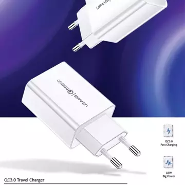 USAMS Nástěnná nabíječka 1xUSB T22 18W 3A QC3.0 (pouze hlava) Rychlé nabíjení bílá/bílá CC83TC01 (US-CC083)