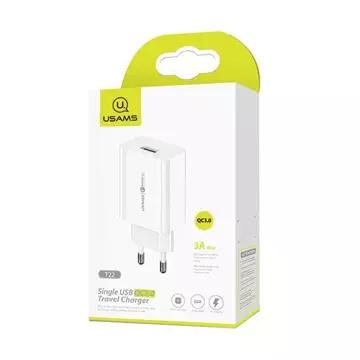 USAMS Nástěnná nabíječka 1xUSB T22 18W 3A QC3.0 (pouze hlava) Rychlé nabíjení bílá/bílá CC83TC01 (US-CC083)