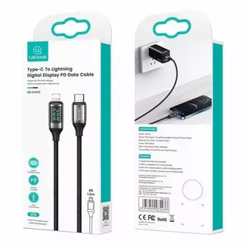 USAMS Pletený kabel U78 USB-C na Lightning LED 1,2 m 20W PD Fast Charge černá/černá SJ545USB01 (US-SJ545)