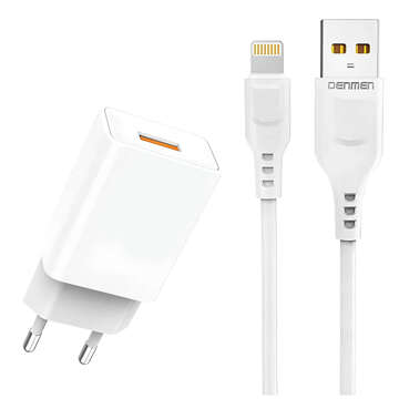 USB nástěnná nabíječka USB - Lightning kabel pro iPhone 1m rychlý 2,4A 12W Denmen White