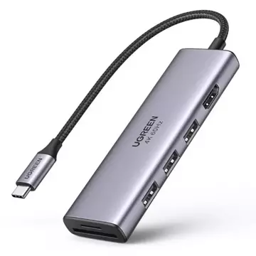 Ugreen 6v1 multifunkční USB HUB typu C - 3x USB 3.2 Gen 1 / HDMI 4K 60Hz / čtečka karet SD a TF šedá (60383 CM511)