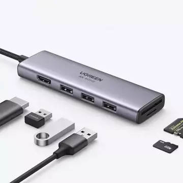 Ugreen 6v1 multifunkční USB HUB typu C - 3x USB 3.2 Gen 1 / HDMI 4K 60Hz / čtečka karet SD a TF šedá (60383 CM511)