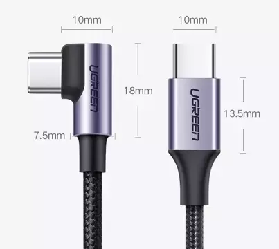 Uzelený úhlový kabel USB Typ C - USB Typ C Napájení 60 W 20 V 3 A 2 m černošedý kabel (US255 50125)