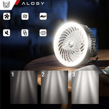 Ventilátor Stolní ventilátor s LED světlem 2v1 Alogy přenosný závěsný stojící bezdrátový závěsný venkovní mini ventilátor s háčkem držák černý