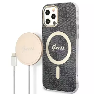 Zestaw Guess GUBPP12MH4EACSK nabíječka pouzdra iPhone 12/12 Pro černé/černé pevné pouzdro 4G Print MagSafe