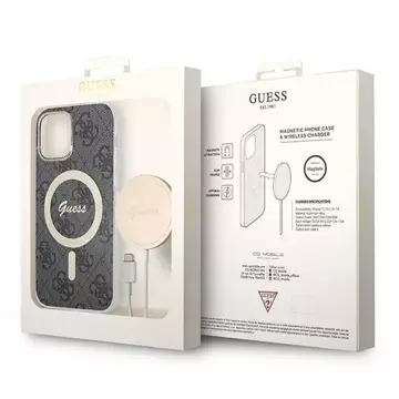 Zestaw Guess GUBPP12MH4EACSK nabíječka pouzdra iPhone 12/12 Pro černé/černé pevné pouzdro 4G Print MagSafe