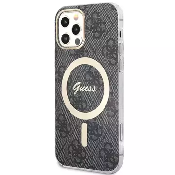 Zestaw Guess GUBPP12MH4EACSK nabíječka pouzdra iPhone 12/12 Pro černé/černé pevné pouzdro 4G Print MagSafe