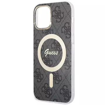 Zestaw Guess GUBPP12MH4EACSK nabíječka pouzdra iPhone 12/12 Pro černé/černé pevné pouzdro 4G Print MagSafe