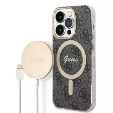 Zestaw Guess GUBPP14LH4EACSK nabíječka pouzdra iPhone 14 Pro 6,1" černé/černé pevné pouzdro 4G Print MagSafe