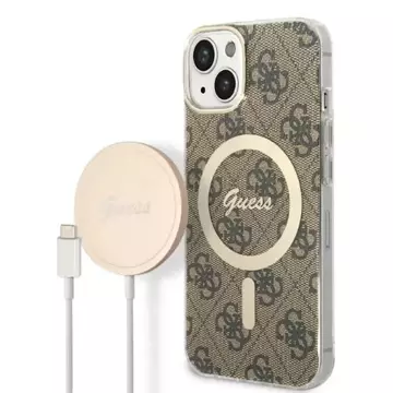 Zestaw Guess GUBPP14MH4EACSW Nabíječka pouzdra iPhone 14 Plus 6,7" brązowy/hnědé pevné pouzdro 4G Print MagSafe