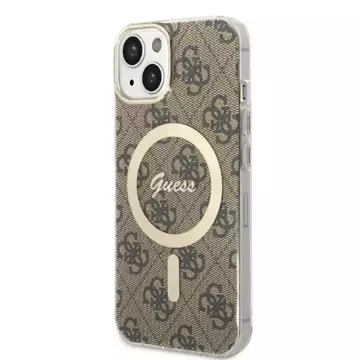 Zestaw Guess GUBPP14MH4EACSW Nabíječka pouzdra iPhone 14 Plus 6,7" brązowy/hnědé pevné pouzdro 4G Print MagSafe