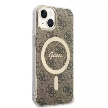 Zestaw Guess GUBPP14MH4EACSW Nabíječka pouzdra iPhone 14 Plus 6,7" brązowy/hnědé pevné pouzdro 4G Print MagSafe