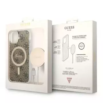 Zestaw Guess GUBPP14MH4EACSW Nabíječka pouzdra iPhone 14 Plus 6,7" brązowy/hnědé pevné pouzdro 4G Print MagSafe