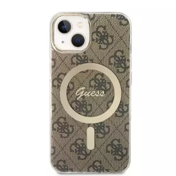 Zestaw Guess GUBPP14MH4EACSW Nabíječka pouzdra iPhone 14 Plus 6,7" brązowy/hnědé pevné pouzdro 4G Print MagSafe