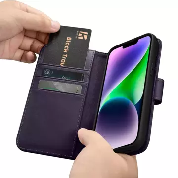 iCarer Wallet Case 2v1 pouzdro na telefon pro iPhone 14 Plus Anti-RFID kožený flipový kryt tmavě fialový