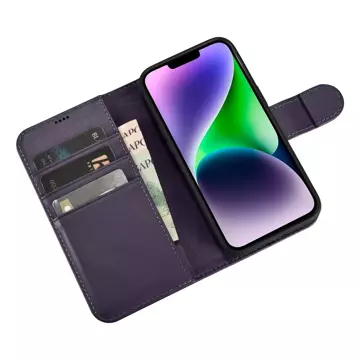 iCarer Wallet Case 2v1 pouzdro na telefon pro iPhone 14 Plus Anti-RFID kožený flipový kryt tmavě fialový