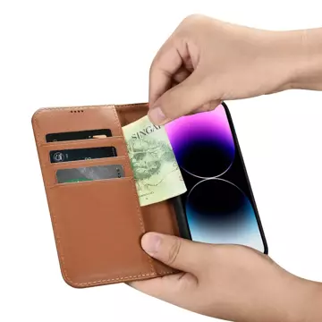 iCarer Wallet Case 2v1 pouzdro na telefon pro iPhone 14 Pro Max Anti-RFID kožený flipový kryt hnědý