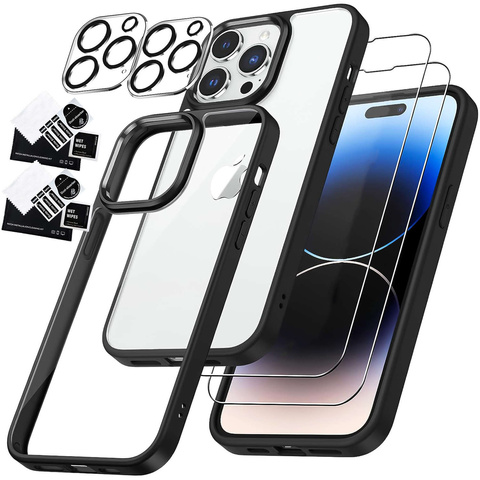 Case for iPhone 14 Pro set of 4 glasses 5in1 armored 360 Alogy Hybrid 2x screen glass 2x lens black-transparent