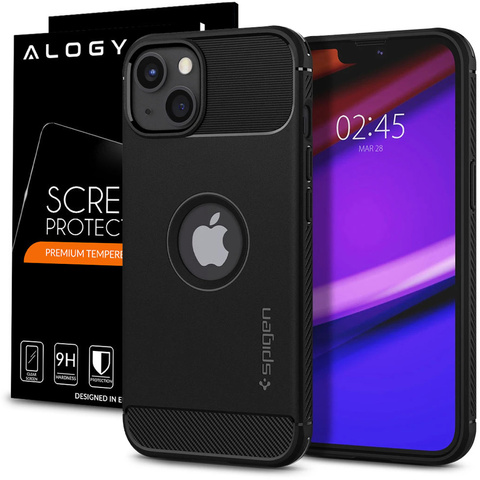 Spigen Rugged Armor case for Apple iPhone 13 Matte Black Glass