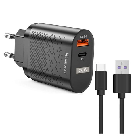 Alogy Wall Charger Fast USB USB-C Type C QC 3.0 PD 20W Black USB-A to USB-C Cable