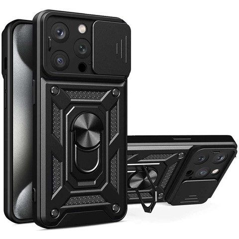 Armored case for iPhone 15 Pro Camshield Case Ring Alogy Stand with slide camera cover black Glass