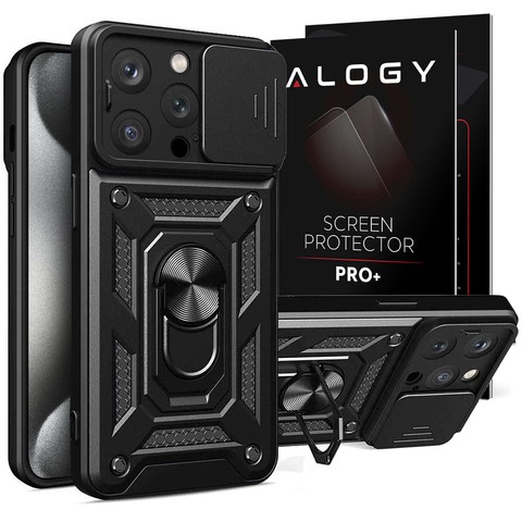 Armored case for iPhone 15 Pro Max Camshield Case Ring Alogy Stand with slide camera cover black Glass