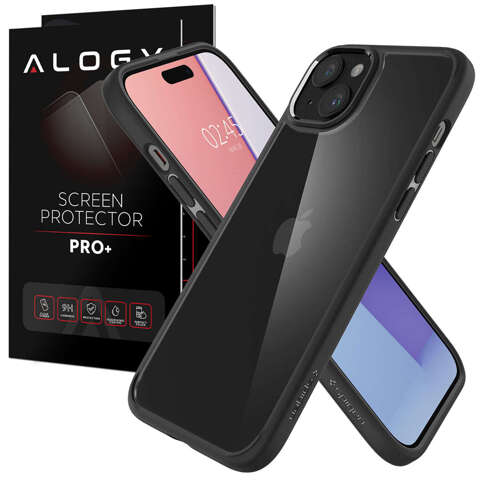 Case for iPhone 15 Plus Spigen Ultra Hybrid Case, black back cover, Matte Black Glass