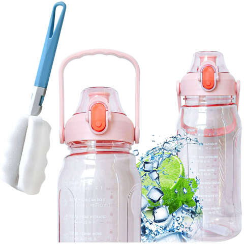 Motivational drinking water bottle with a straw, 1.5l, with a reminder, with a motivational measuring cup, with a handle, Pink, Washing brush