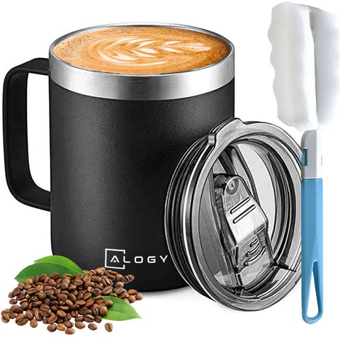 Thermal mug 420ml with handle lid for coffee tea steel cold and warm drinks Alogy Black Washing brush