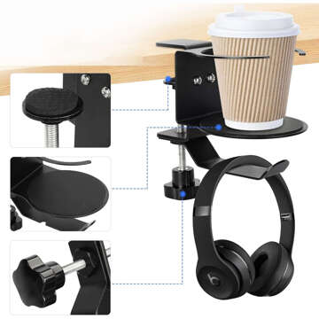 2in1 Desk Organizer Holder for Cup Headphones Cables Desk Aluminum Stand Hanger Hook Alogy Black