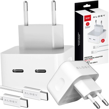 35W Fast Wall Charger 2x USB-C USB Type C PD for iPhone Type-C Cable 1m Alogy White