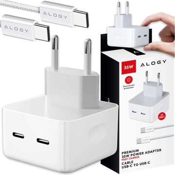 35W Fast Wall Charger 2x USB-C USB Type C PD for iPhone Type-C Cable 1m Alogy White